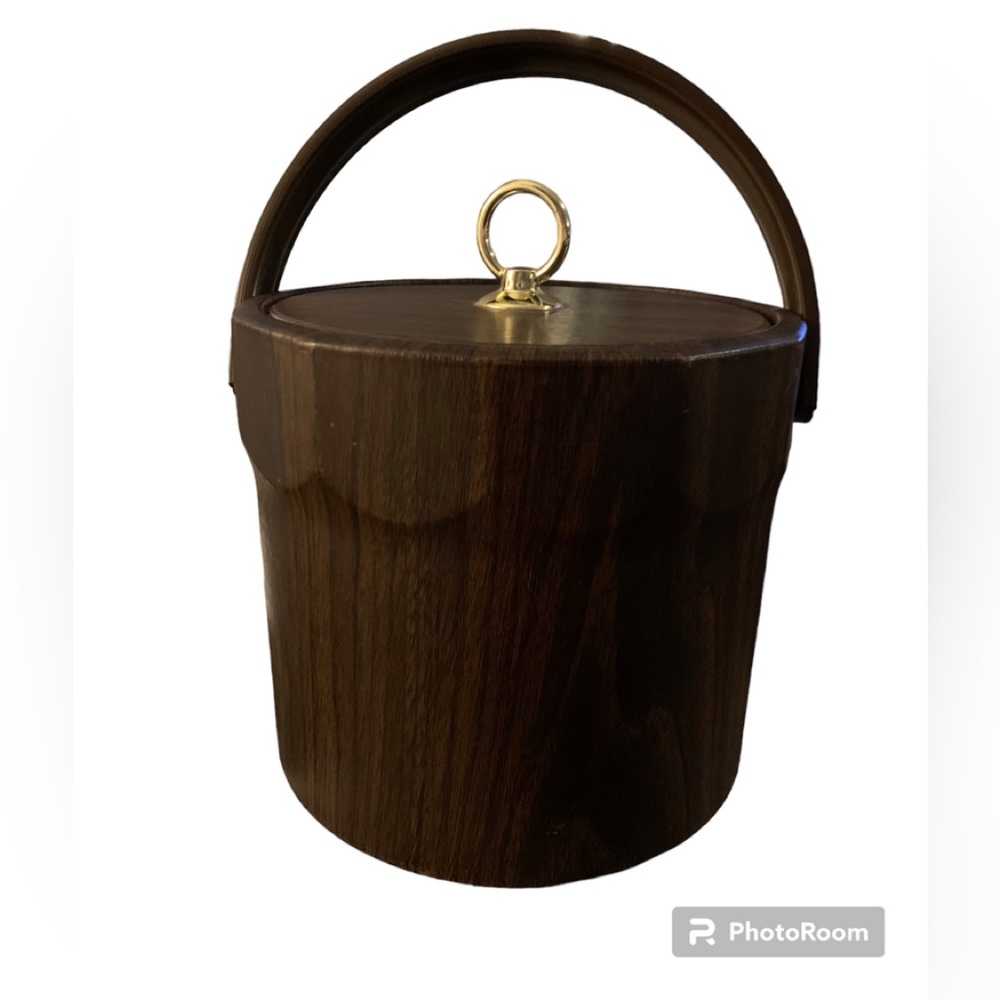 Vintage MCM, Faux Leather/ Wood Grain Ice Bucket with Lid